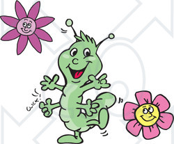 Royalty-Free (RF) Clipart Illustration of a Dancing Green Caterpillar With Flowers