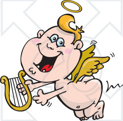 Royalty-Free (RF) Clipart Illustration of a Happy Blond Angel Guy Flying With A Lyre