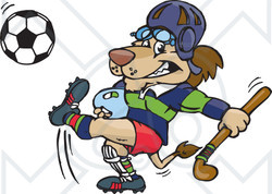 Royalty-Free (RF) Clipart Illustration of a Lion Carrying A Hockey Stick And Kicking A Soccer Ball