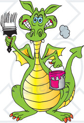 Royalty-Free (RF) Clipart Illustration of a Grinning Green Dragon Holding A Brush And Gallon Of Paint