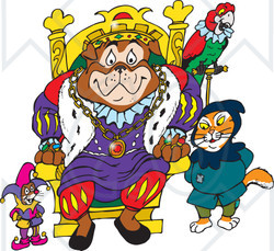 Royalty-Free (RF) Clipart Illustration of a Bulldog King With A Mouse, Cat And Parrot