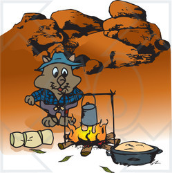 Royalty-Free (RF) Clipart Illustration of a Wombat Camping And Cooking Over A Fire In The Outback