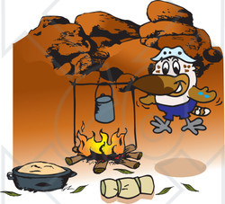 Royalty-Free (RF) Clipart Illustration of a Kookaburra Camping And Cooking Over A Fire In The Outback