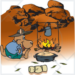 Royalty-Free (RF) Clipart Illustration of a Kangaroo Camping And Cooking Over A Fire In The Outback