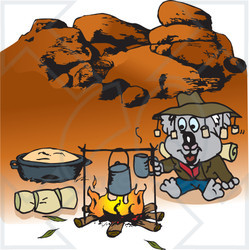 Royalty-Free (RF) Clipart Illustration of a Koala Camping And Cooking Over A Fire In The Outback