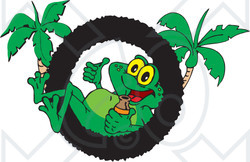 Royalty-Free (RF) Clipart Illustration of a Cool Frog Relaxing In A Ring Logo With Palm Trees