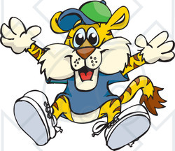 Royalty-Free (RF) Clipart Illustration of a Happy Tiger In Clothes, Jumping