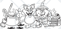 Royalty-Free (RF) Clipart Illustration of a Black And White Outline Of A Witch And Her Cat By A Cauldron, Broom And Skull On Books