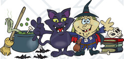 Royalty-Free (RF) Clipart Illustration of a Evil Witch And Her Cat By A Cauldron, Broom And Skull On Books