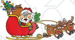 Royalty-Free (RF) Clipart Illustration of a Peaceful Santa Driving Sleigh With Two Reindeer