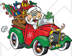 Royalty-Free (RF) Clipart Illustration of Santa Waving And Driving A Ute Truck Sleigh