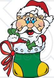 Royalty-Free (RF) Clipart Illustration of a Jolly Santa Nestled In A Christmas Stocking