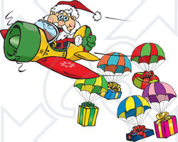 Royalty-Free (RF) Clipart Illustration of a Santa Flying A Plane And Dropping Presents On Parachutes