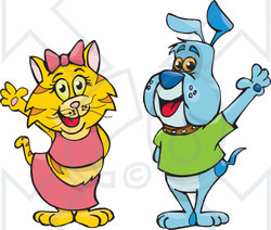 Royalty-Free (RF) Clipart Illustration of a Girly Cat And Male Dog Waving