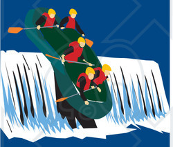Royalty-Free (RF) Clipart Illustration of a Team Of Rafters Riding Down A Waterfall