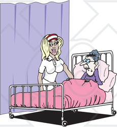Royalty-Free (RF) Clipart Illustration of a Sexy Nurse Checking In On An Old Man