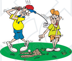 Royalty-Free (RF) Clipart Illustration of a Man Pointing And Laughing At The Scrapes In The Grass While A Man Tries To Swing At A Golf Ball