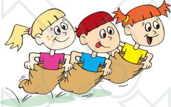 Royalty-Free (RF) Clipart Illustration of a Boy And Two Girls Racing In Potato Sacks