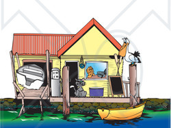 Royalty-Free (RF) Clipart Illustration of a Cat And Pelican On The Deck Of A Boat Shed