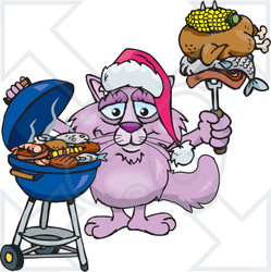 Royalty-Free (RF) Clipart Illustration of a Grilling Pink Cat Wearing A Santa Hat And Holding Food On A BBQ Fork
