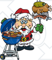 Royalty-Free (RF) Clipart Illustration of a Grilling Santa Wearing A Santa Hat And Holding Food On A BBQ Fork