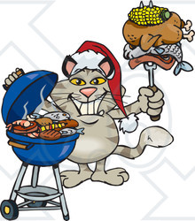 Royalty-Free (RF) Clipart Illustration of a Grilling Cat Wearing A Santa Hat And Holding Food On A BBQ Fork