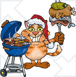 Royalty-Free (RF) Clipart Illustration of a Grilling Orange Cat Wearing A Santa Hat And Holding Food On A BBQ Fork