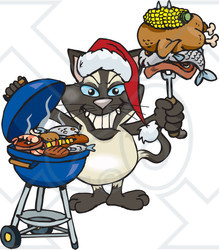 Royalty-Free (RF) Clipart Illustration of a Grilling Siamese Cat Wearing A Santa Hat And Holding Food On A BBQ Fork