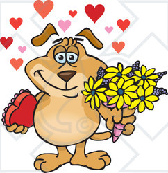 Royalty-Free (RF) Clipart Illustration of a Sparkey Dog Holding Flowers And Chocolates, With Hearts