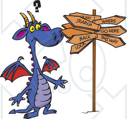Royalty-Free (RF) Clipart Illustration of a Purple Dragon Standing Confused At A Crossroads