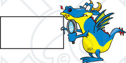 Royalty-Free (RF) Clipart Illustration of a Blue Dragon Holding A Magnifying Glass And Blank Sign