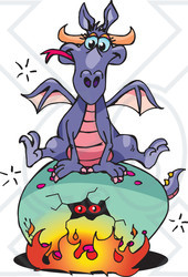 Royalty-Free (RF) Clipart Illustration of a Purple Dragon Sitting On Top Of A Cracking Fiery Egg