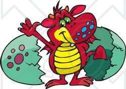 Royalty-Free (RF) Clipart Illustration of a Red Dragon Waving And Hatching From A Green Egg