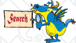 Royalty-Free (RF) Clipart Illustration of a Blue Dragon Holding A Magnifying Glass And Search Sign