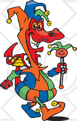 Royalty-Free (RF) Clipart Illustration of a Colorful Jester Dragon Carrying A Staff