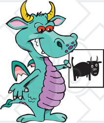 Royalty-Free (RF) Clipart Illustration of a Turquoise Dragon Holding A Black Bull Picture