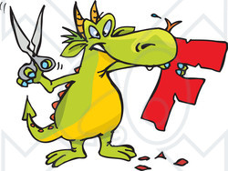 Royalty-Free (RF) Clipart Illustration of a Green Dragon Holding Scissors And A Cut Out F