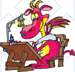 Royalty-Free (RF) Clipart Illustration of a Pink Designer Dragon Drawing At A Table