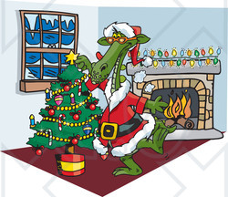Royalty-Free (RF) Clipart Illustration of a Green Dragon Santa Decorating A Christmas Tree By A Fireplace