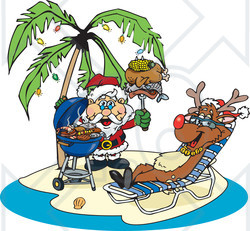 Royalty-Free (RF) Clipart Illustration of Santa Grilling Food For Rudolph On A Tropical Christmas Island