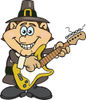 Cartoon Happy Pilgrim Man Playing an Electric Guitar