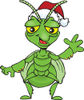 Cartoon Happy Praying Mantis Wearing a Christmas Santa Hat and Waving