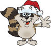 Cartoon Happy Raccoon Wearing a Christmas Santa Hat and Waving