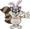 Cartoon Happy Raccoon Wearing Easter Bunny Ears and Waving