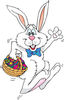 Waving White Rabbit Hopping Past With Easter Eggs In A Basket