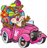 Bunny Rabbit Waving And Driving A Pink Pickup Truck With Easter Eggs In The Back...