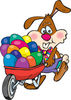 Bunny Rabbit Pushing Colorful Easter Eggs In A Red Wheelbarrow