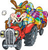 Bunny Rabbit Farmer Driving A Red Tractor And Transporting Easter Eggs In A Cart...