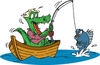 Crocodile Fishing In A Boat, Reeling In His Catch