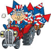American Uncle Sam Driving A Tractor And Hauling Fireworks In A Trailer